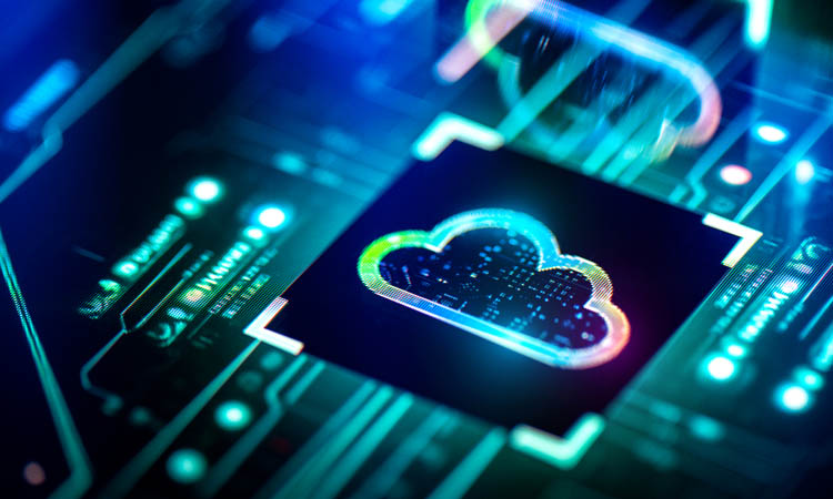 Cloud computing concept. Digital cloud solutions on PCB futuristic background